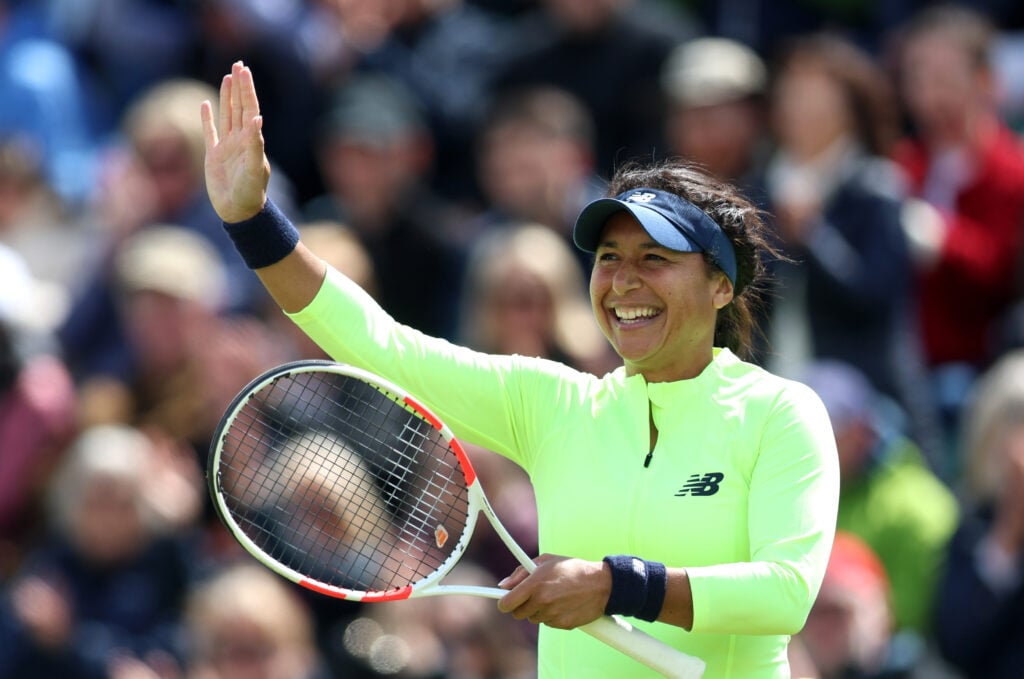 Heather Watson of Great Britain acknowledges the fans after victory against Kayla Day of United States following the Women's Round of 32 match on Day One of the Rothesay Open Nottingham at Lexus Nottingham Tennis Centre on June 10, 2024 in Nottingham, England.