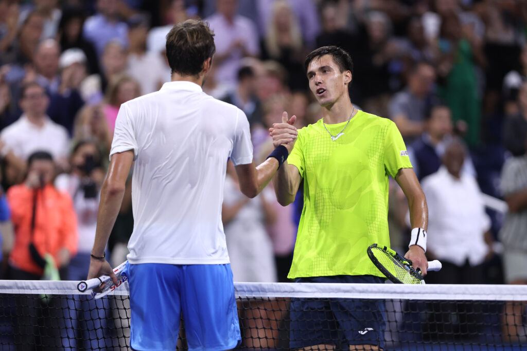 Daniil Medvedev of Russia shakes hands with Fabian Marozsan of Hungary after winning their Men's Singles Second Round match on Day Four of the 2024 US Open at USTA Billie Jean King National Tennis Center on August 29, 2024 in the Flushing neighborhood of the Queens borough of New York City.
