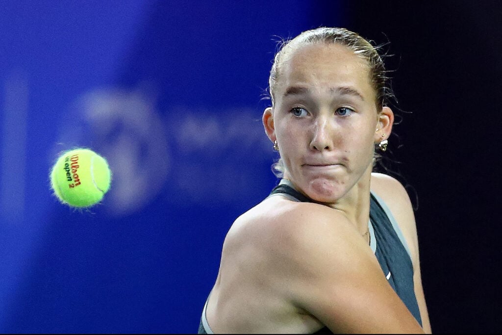 Russia's Mirra Andreeva hits a return to Russia's Daria Kasatkina during their women's singles final match at the WTA Ningbo Open tennis tournament in Ningbo, in eastern China's Zhejiang province on October 20, 2024.