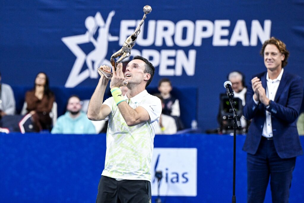 Spanish Roberto Bautista-Agut celebrates after winning a tennis match in the finals of the singles competition at the ATP European Open Tennis tournament in Antwerp, Sunday 20 October 2024.