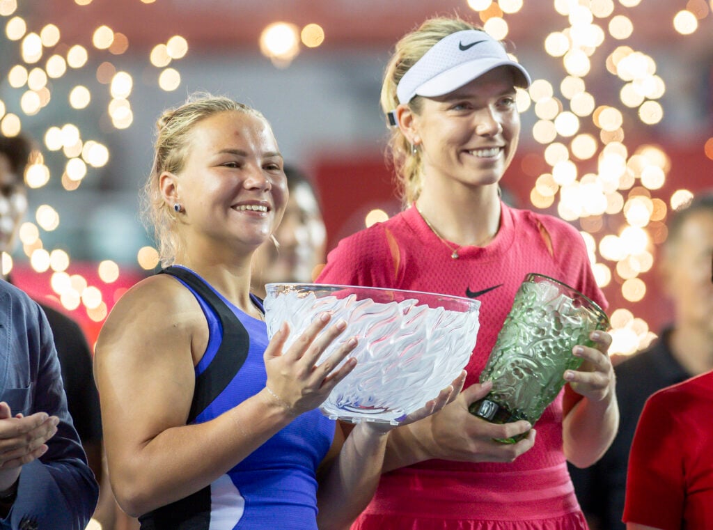 Winner Diana Shnaider (L) and 1st runner up Katie Boulter of Great Britain (R) pose for photo with trophy during the single final presentation ceremony of the Prudential Hong Kong Tennis Open 2024.