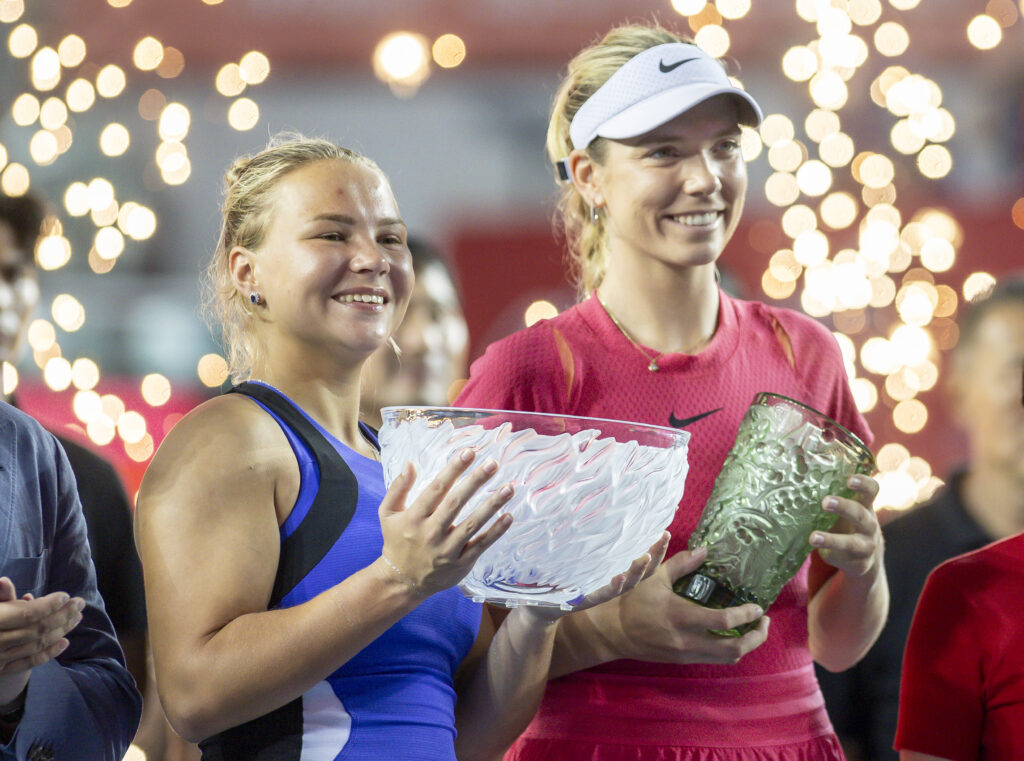 Winner Diana Shnaider (L) and 1st runner up Katie Boulter of Great Britain (R) pose for photo with trophy during the single final presentation ceremony of the Prudential Hong Kong Tennis Open 2024, a WTA 250 series event, at Victoria Park Tennis Courts on November 03, 2024 in Hong Kong, China.