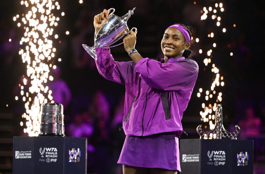 Coco Gauff of the United States poses with the Billie Jean King Trophy after defeating Qinwen Zheng of China during the Singles Final at King Saud University Indoor Arena of the WTA Finals Riyadh as part of the Hologic WTA Tour 2024, on November 09, 2024, in Riyadh, Saudi Arabia.
