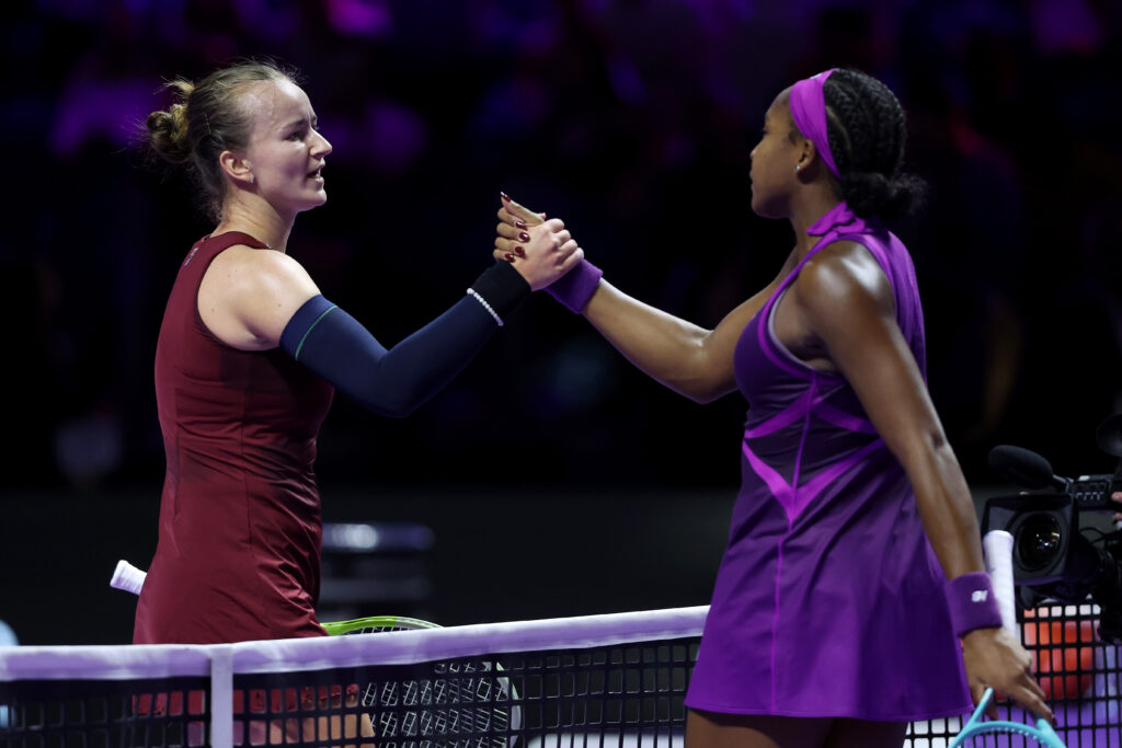 Barbora Krejcikova of Czechia is congratulated by Coco Gauff of the United States after her win in their round robin singles match during Day 6 of the 2024 WTA Finals Riyadh as part of the Hologic WTA Tour at King Saud University Indoor Arena on November 07, 2024 in Riyadh, Saudi Arabia.
