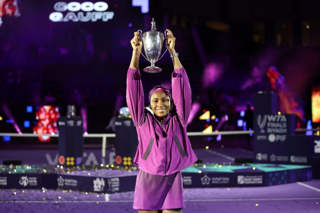 Coco Gauff of the United States poses with the Billie Jean King Trophy after defeating Qinwen Zheng of China during the Singles Final at King Saud University Indoor Arena of the WTA Finals Riyadh as part of the Hologic WTA Tour 2024 on November 09, 2024 in Riyadh, Saudi Arabia.