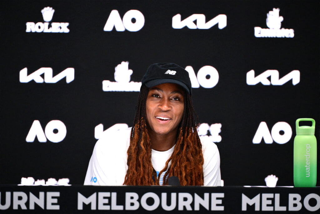 USA's Coco Gauff speaks at a press conference following her women's singles quarterfinal match against Spain's Paula Badosa on day ten of the Australian Open tennis tournament in Melbourne on January 21, 2025.