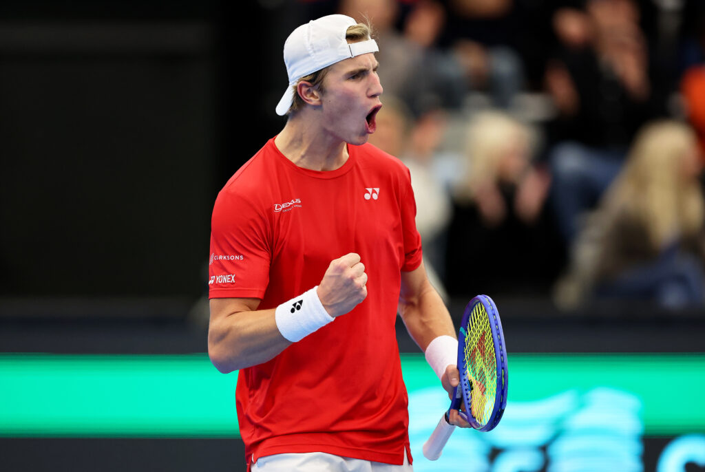 Nicolai Budkov Kjaer of Team Norway celebrates after winning a game in the singles match against Mariano Navone of Team Argentina during day 2 of the Davis Cup Qualifier first round match between Norway and Argentina at Fjellhamar Arena on January 31, 2025 in Oslo, Norway.