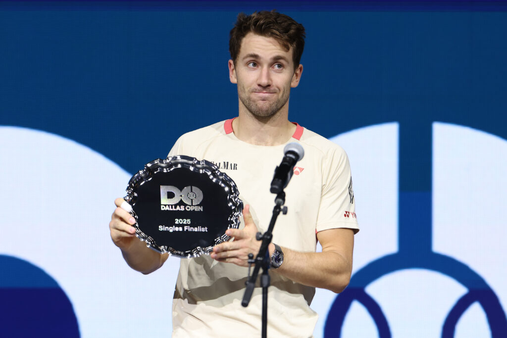 Casper Ruud of Norway addresses the crowd after the Men's Singles competition on the final day of the 2025 Dallas Open at The Ford Center at The Star on February 09, 2025 in Frisco, Texas.