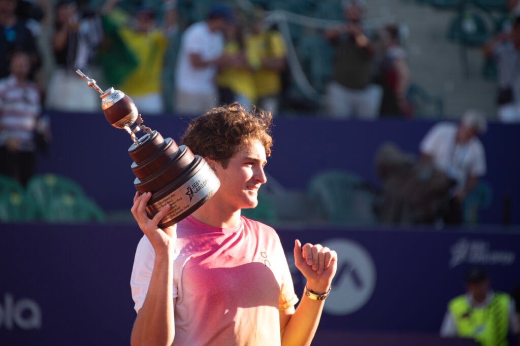 Joao Fonseca receives his trophy after becoming Champion of the Argentina Open in Buenos Aires, Argentina, on February 16.