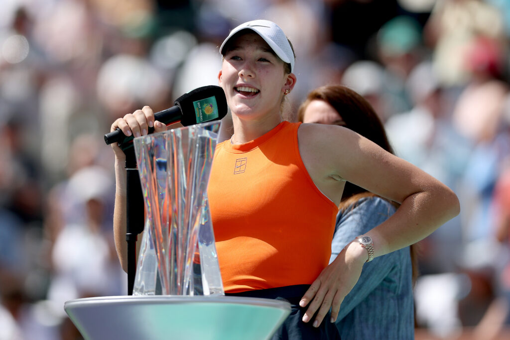 Mirra Andreeva addresses the crowd after defeating Aryna Sabalenka during the women's final of the BNP Paribas Open at Indian Wells Tennis Garden on March 16, 2025 in Indian Wells, California.