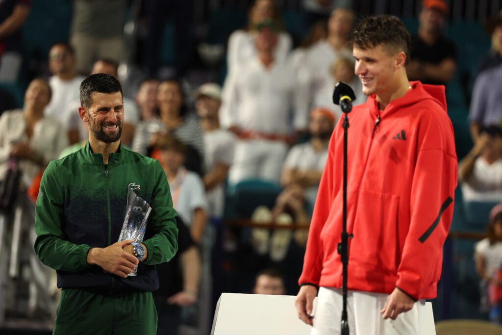 Jakub Mensik of the Czech Republic speaks after defeating Novak Djokovic of Serbia during the men's singles final on the final day of the Miami Open Presented by Itau 2025 at Hard Rock Stadium on March 30, 2025 in Miami Gardens, Florida.