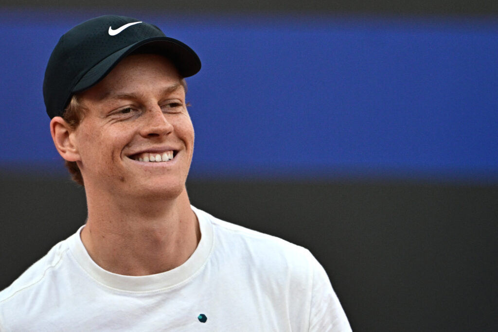 Italy's Jannik Sinner reacts during a training session at Foro Italico sports complex, ahead of the Italian Open tennis tournament, in Rome on May 5, 2025.