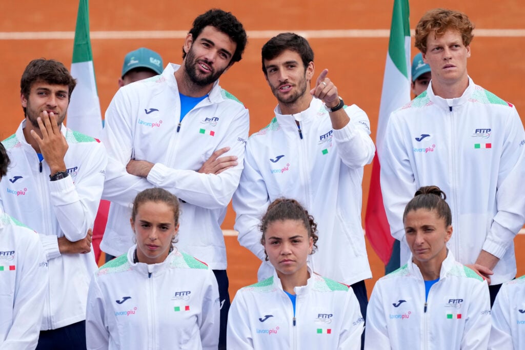 Italian tennis players Flavio Cobolli, Matteo Berrettini, Lorenzo Musetti and Jannik Sinner attend the celebration of the victory of the 2024 Davis cup and Billie Jean King cup during the Internazionali BNL d'Italia 2025 tennis tournament at Foro Italico. Rome (Italy), May 5th, 2025.