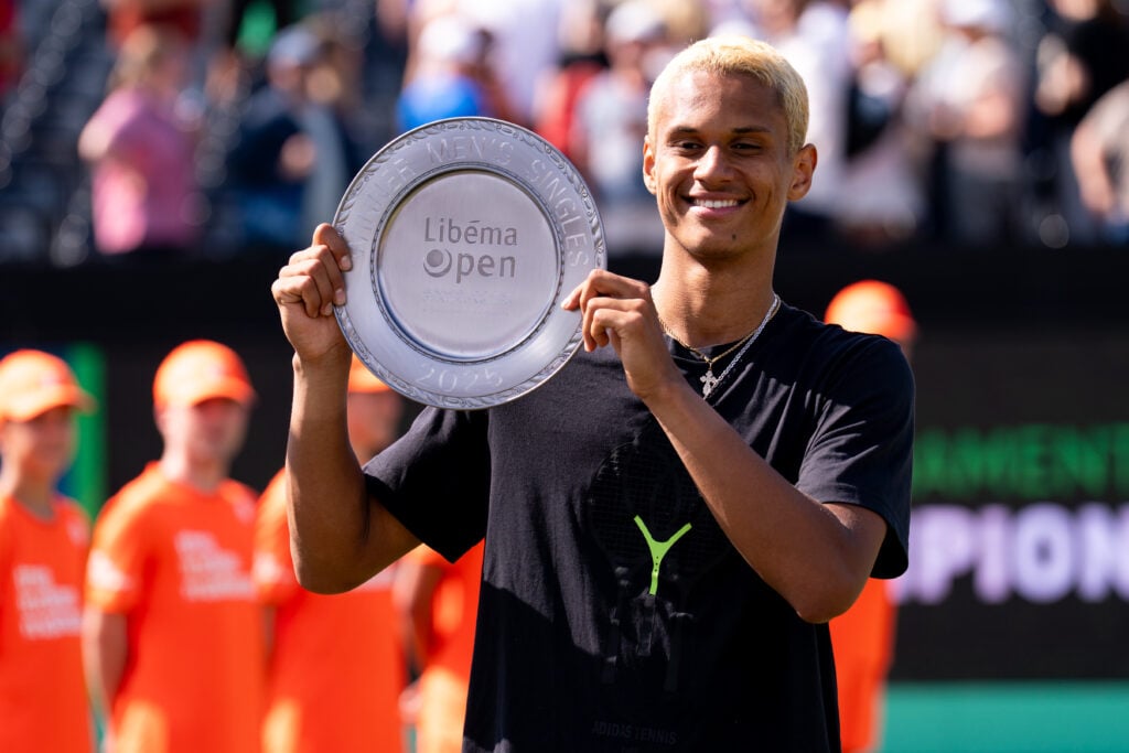 Gabriel Diallo of Canada with his trophy during Day Seven of 2025 Libema Open Grass Court Championships at Autotron on June 15, 2025 in Rosmalen, Netherlands.