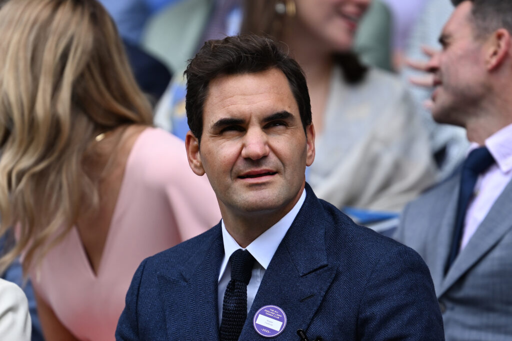Former tennis player Roger Federer looks on from the royal box on day eight of The Championships Wimbledon 2025 at All England Lawn Tennis and Croquet Club on July 7, 2025 in London, England.