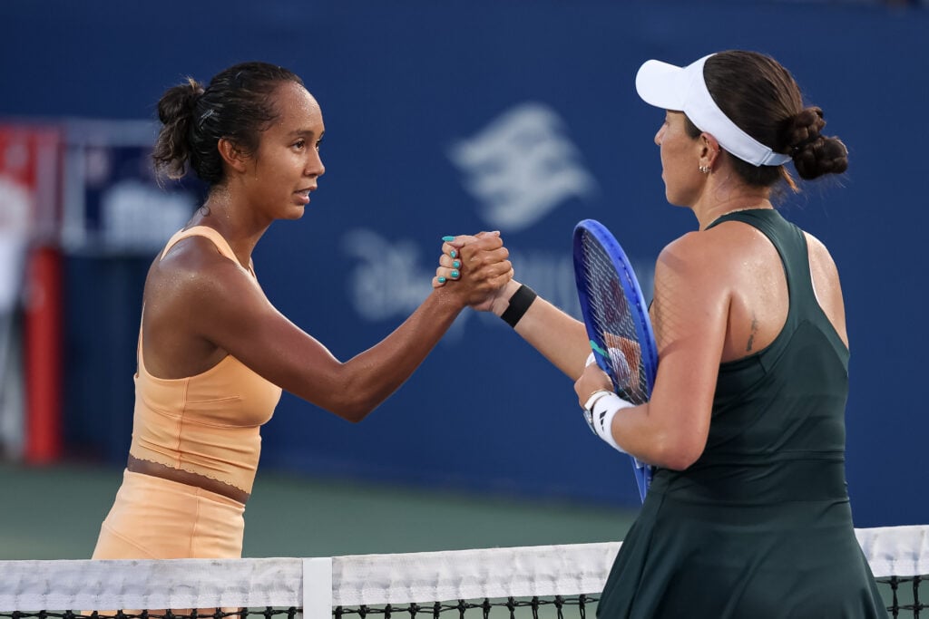 Leylah Fernandez of Canada shakes hands with Jessica Pegula of the United States after winning a women's singles match on day 4 of the Mubadala Citi DC Open 2025 at William H.G. FitzGerald Tennis Center on July 24, 2025 in Washington, DC.