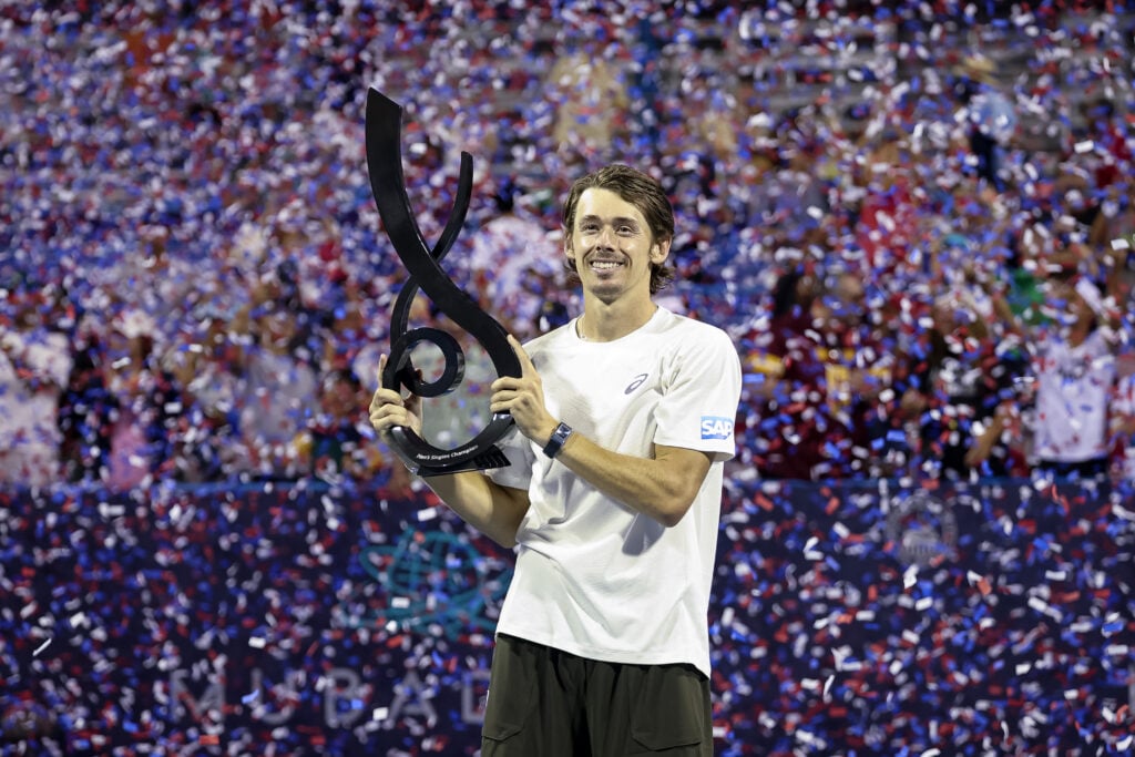 Alex De Minaur of Australia poses with the men's singles championship trophy after winning the men's singles finals match against Alejandro Davidovich Fokina of Spain on the final day of the Mubadala Citi DC Open 2025 at William H.G. FitzGerald Tennis Center on July 27, 2025 in Washington, DC.