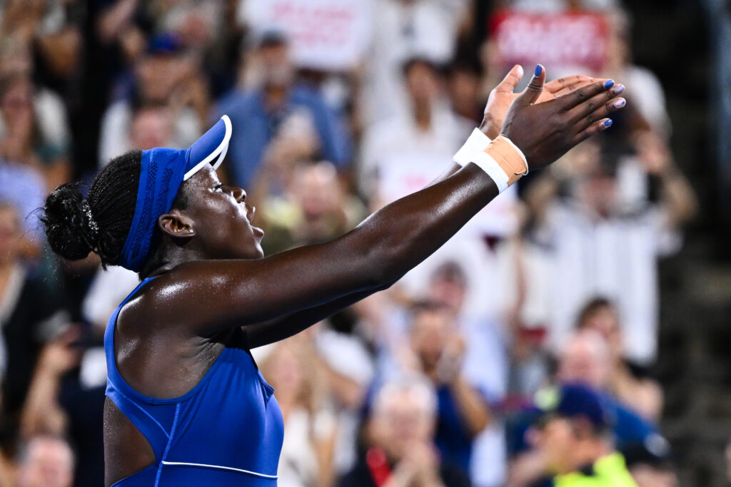 Victoria Mboko of Canada celebrates her victory against Elena Rybakina of Kazakhstan during their semifinal singles women's match on Day Eleven of the WTA 1000 National Bank Open at IGA Stadium on August 6, 2025 in Montreal, Quebec, Canada.