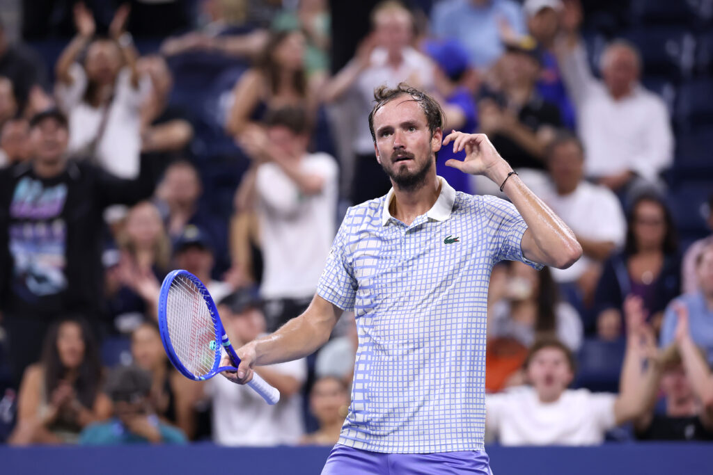 Daniil Medvedev reacts after winning a break point in the fifth set against Benjamin Bonzi of France during their Men's Singles First Round match on Day One of the 2025 US Open at USTA Billie Jean King National Tennis Center on August 24, 2025 in the Flushing neighborhood of the Queens borough of New York City.