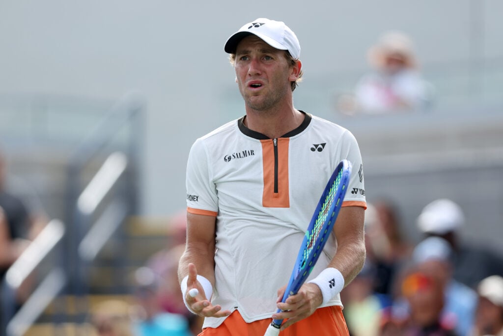 Casper Ruud of Norway reacts against Raphael Collignon of Belgium during their Men's Singles Second Round match on Day Four of the 2025 US Open at USTA Billie Jean King National Tennis Center on August 27, 2025 in the Flushing neighborhood of the Queens borough of New York City.
