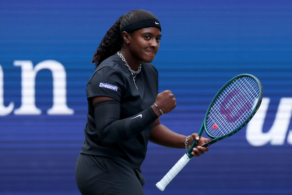 Hailey Baptiste of the United States reacts against Naomi Osaka of Japan during their Women's Singles Second Round match on Day Five of the 2025 US Open at USTA Billie Jean King National Tennis Center on August 28, 2025 in the Flushing neighborhood of the Queens borough of New York City.