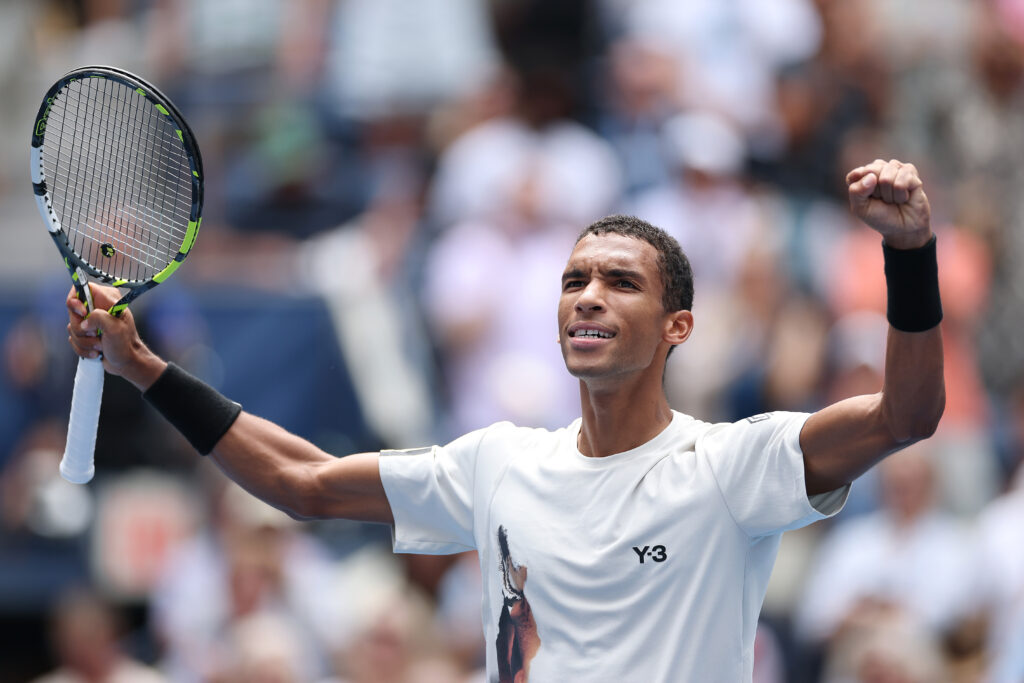 Felix Auger-Aliassime of Canada celebrates after defeating Andrey Rublev in their Men's Singles Fourth Round match on Day Nine of the 2025 US Open at USTA Billie Jean King National Tennis Center on September 1, 2025 in the Flushing neighborhood of the Queens borough of New York City.