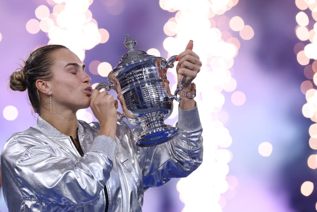 Aryna Sabalenka poses with her trophy after defeating Amanda Anisimova of the United States during their Women's Singles Final match on Day Fourteen of the 2025 US Open at USTA Billie Jean King National Tennis Center on September 06, 2025 in New York City.