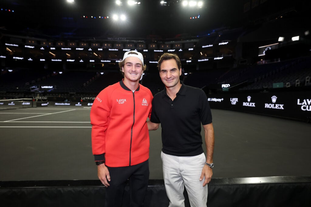 Joao Fonseca of Team World poses with former tennis player Roger Federer prior to the start of the Laver Cup 2025 at Chase Center on September 16, 2025 in San Francisco, California.