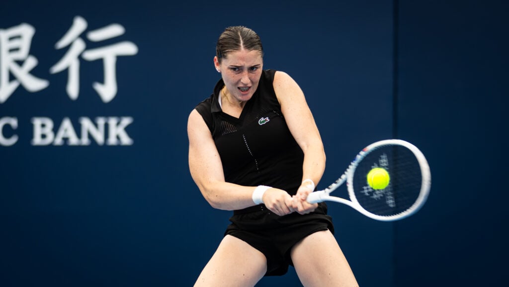 Elsa Jacquemot of France in action against Victoria Jimenez Kasintseva of Andorra in the second qualifications round on Day 2 of the China Open at National Tennis Center on September 23, 2025 in Beijing, China