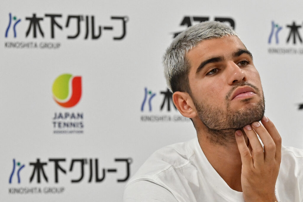 Spain's Carlos Alcaraz attends a press conference on the sidelines of the men's ATP Japan Open tennis tournament in Tokyo on September 24, 2025.