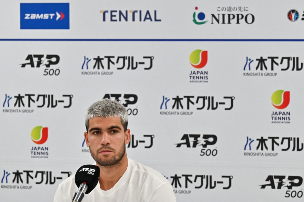 Spain's Carlos Alcaraz attends a press conference on the sidelines of the men's ATP Japan Open tennis tournament in Tokyo on September 24, 2025.