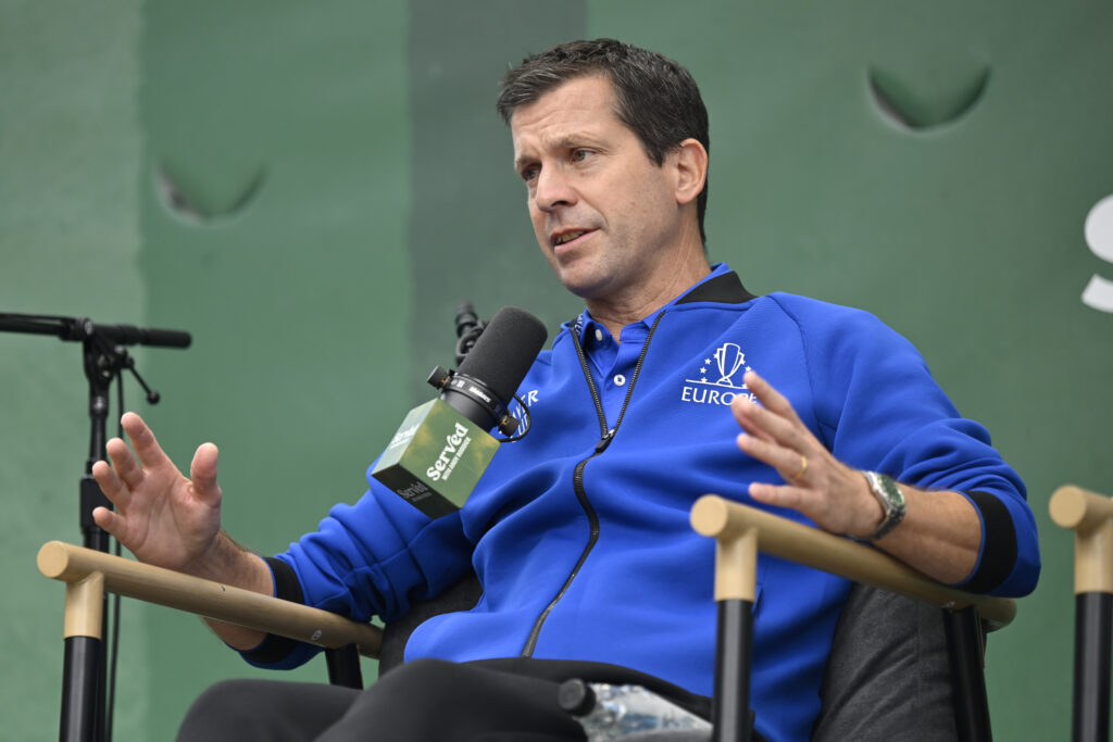 Team Europe Vice Captain Tim Henman speaks with ormer tennis player Andy Roddick (not pictured) during day three of Laver Cup 2025 at Chase Center on September 21, 2025 in San Francisco, California.