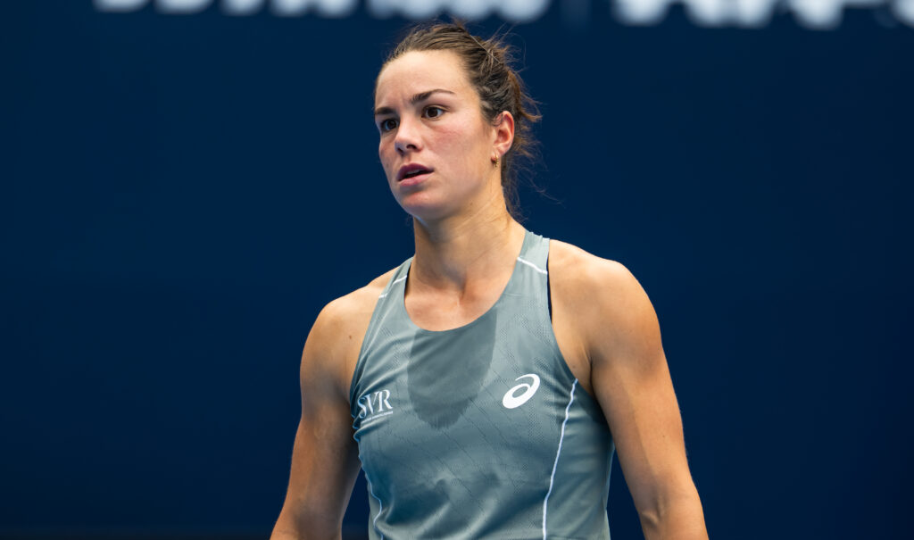 Lois Boisson of France reacts during her match against Emma Navarro of the United States in the third round on Day 8 of the China Open at National Tennis Center on September 29.