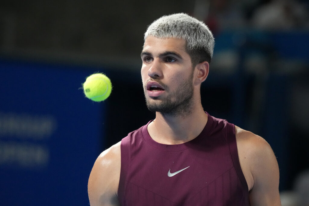 Carlos Alcaraz of Spain looks on against Brandon Nakashima of the United States during the Singles Round of 8 on day five of Kinoshita Group Japan Open at Ariake Colosseum on September 28, 2025 in Tokyo, Japan.
