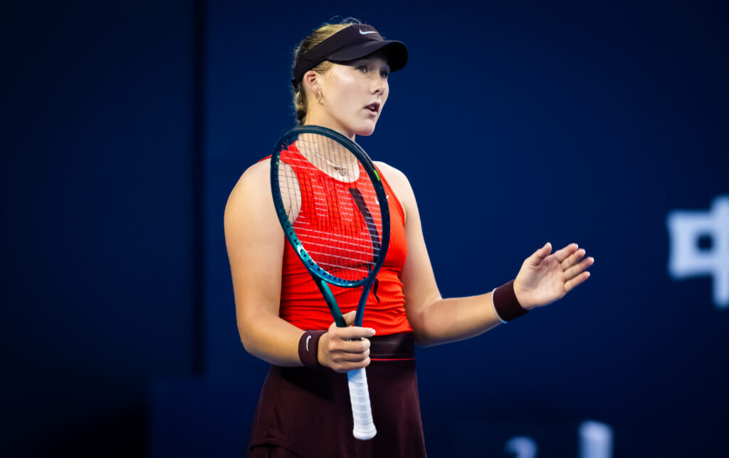 Mirra Andreeva in action against Sonay Kartal of Great Britain in the fourth round on Day 10 of the China Open at National Tennis Center on October 01, 2025 in Beijing, China