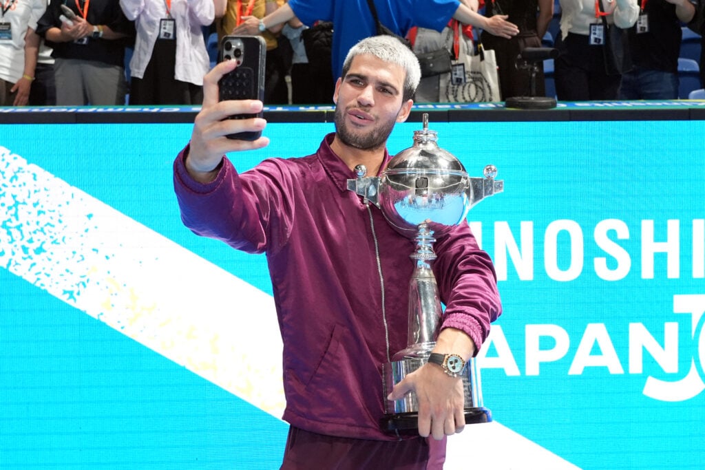 Carlos Alcaraz of Spain celebrates victory against Taylor Fritz of United States
during the Singles Final on day seven of Kinoshita Group Japan Open at Ariake Colosseum on September 30, 2025 in Tokyo, Japan.