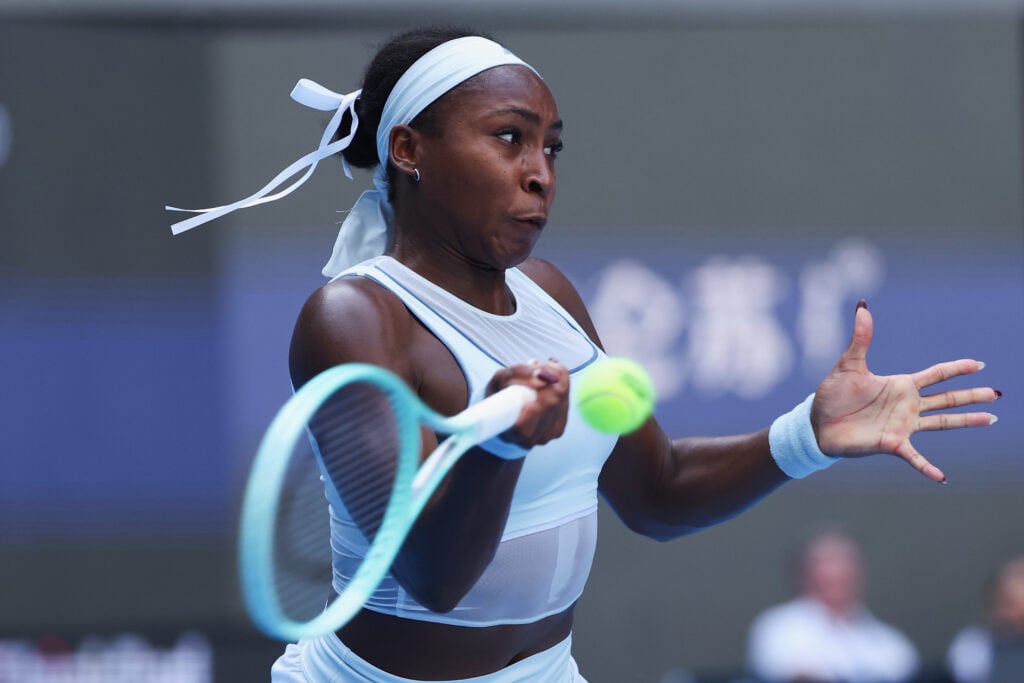 Coco Gauff of the United States plays a shoot in the Women's Singles Round of 16 match against Belinda Bencic of Switzerland on day 9 of the 2025 China Open at National Tennis Center on September 30, 2025 in Beijing, China.