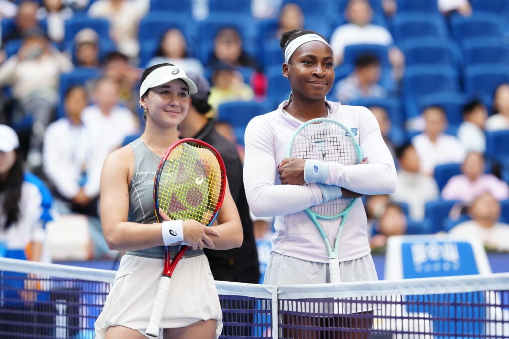 Coco Gauff of the United States in action against Eva Lys of Germany during in the Women's Singles Quarter Finals match on day 11 of the 2025 China Open at National Tennis Center on October 2, 2025 in Beijing, China.