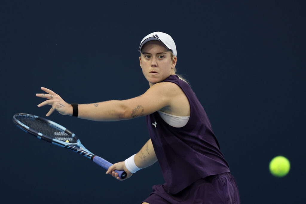 Sonay Kartal of Great Britain returns a shot against Mirra Andreeva in the Women's Singles 4th Round match on day 10 of 2025 China Open at National Tennis Center on October 01, 2025 in Beijing, China.