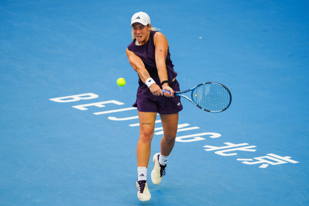 Sonay Kartal of Great Britain competes in the Women's Singles Round of 16 match against Mirra Andreeva on day 10 of the 2025 China Open at the National Tennis Center on October 1, 2025 in Beijing, China.