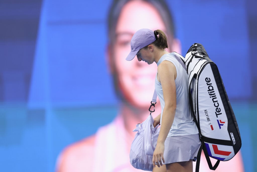 Iga Swiatek of Poland leaves the court after his match against Emma Navarro of the United States during the Women's Singles Round of 16 match on day 10 of the 2025 China Open at National Tennis Center on October 1, 2025 in Beijing, China.