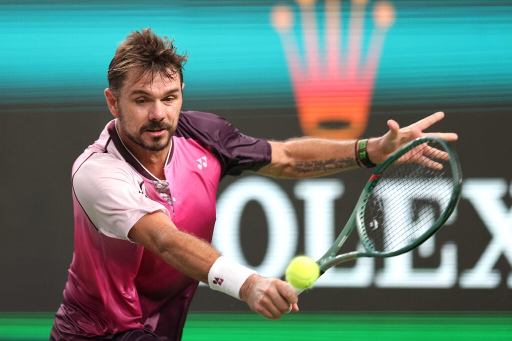 Stan Wawrinka of Switzerland competes against Fabian Marozsan of Italy during the Men's Singles 1st round match on day 3 of the 2025 Shanghai Rolex Masters at Qi Zhong Tennis Center on October 01, 2025 in Shanghai, China.