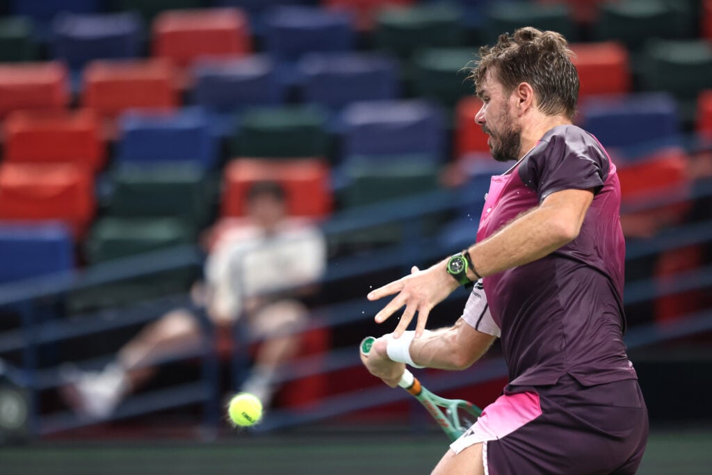 Stan Wawrinka of Switzerland competes against Fabian Marozsan of Italy during the Men's Singles 1st round match on day 3 of the 2025 Shanghai Rolex Masters at Qi Zhong Tennis Center on October 01, 2025 in Shanghai, China.