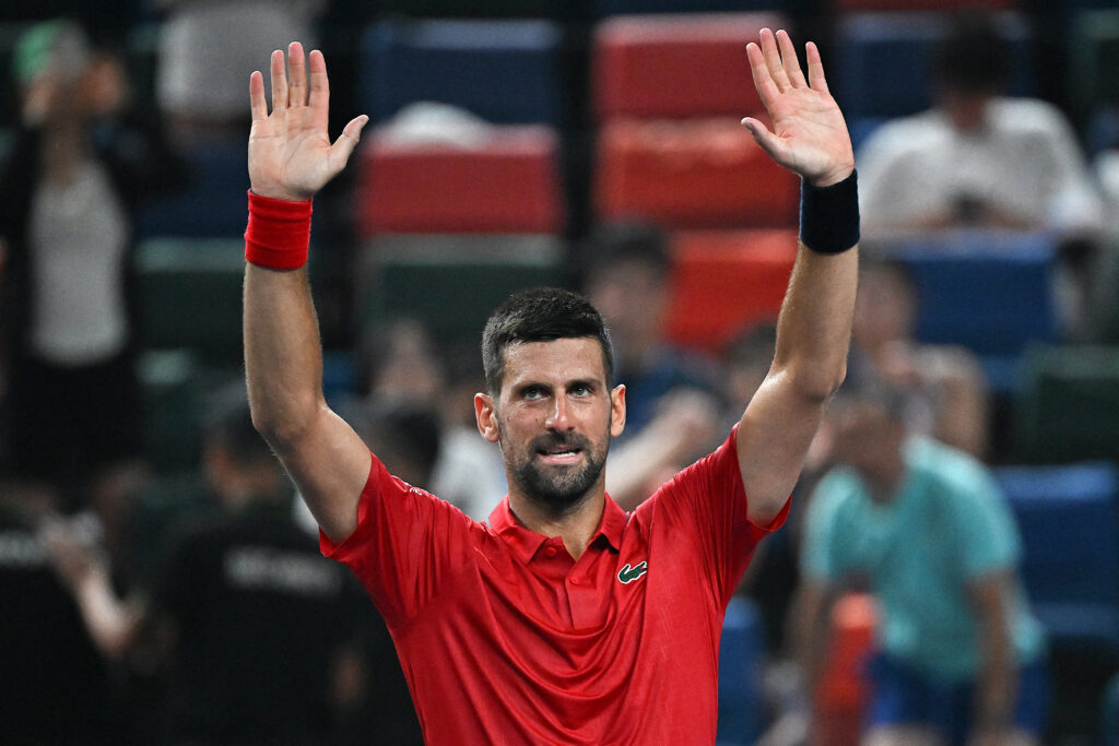 Serbia's Novak Djokovic reacts after winning against Croatia's Marin Cilic in their men's singles match at the Shanghai Masters tennis tournament in Shanghai on October 3, 2025.