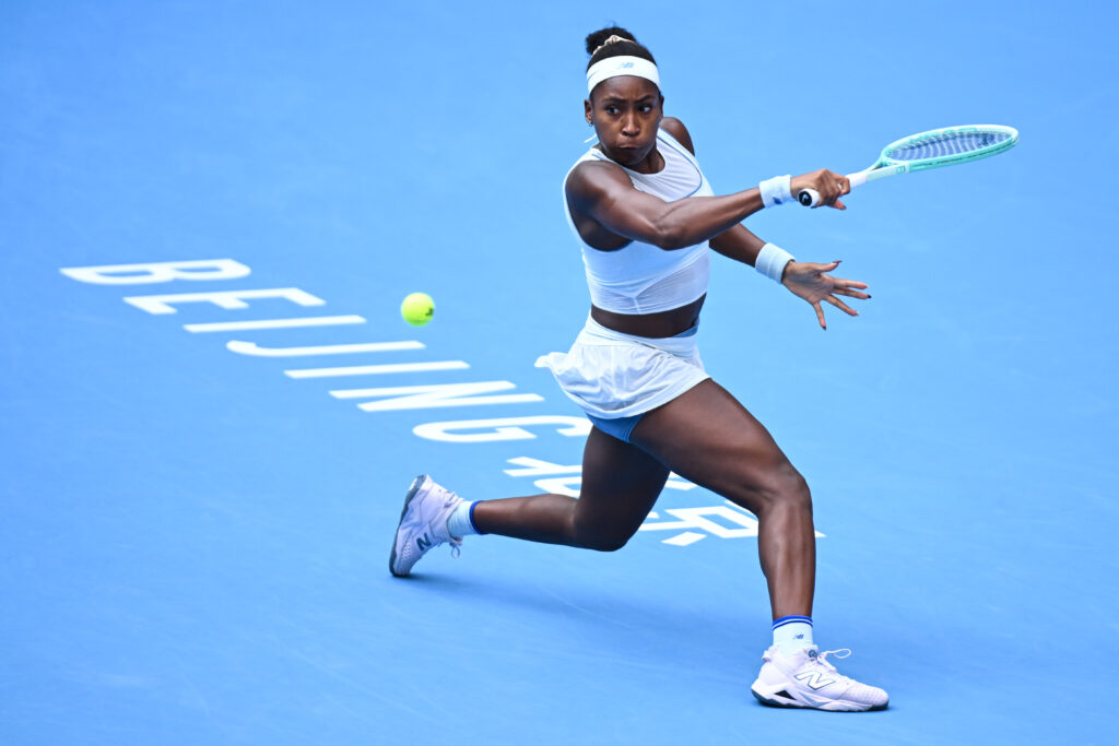 Coco Gauff of the United States in action against Eva Lys of Germany in the quarter-final on Day 11 of the China Open at National Tennis Center on October 02, 2025 in Beijing, China.