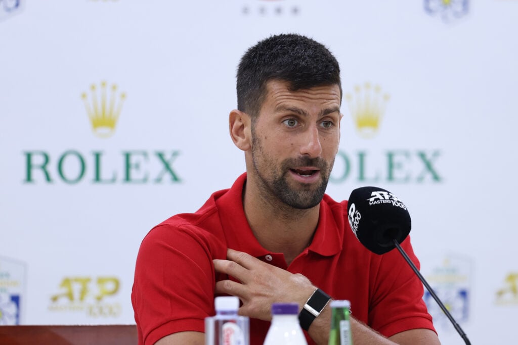 Novak Djokovic of Serbia attends a press conference on day 4 of the 2025 Shanghai Rolex Masters at Qi Zhong Tennis Center on October 02, 2025 in Shanghai, China.