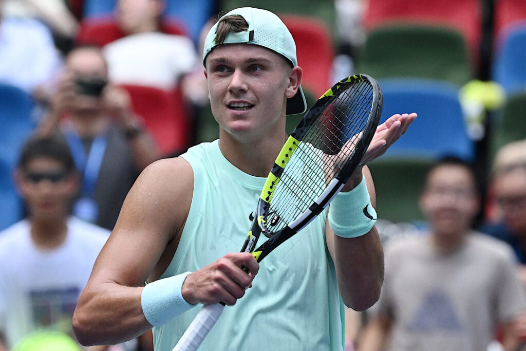 Denmark's Holger Rune reacts after winning against France's Ugo Humbert during their men's singles match at the Shanghai Masters tennis tournament in Shanghai on October 5, 2025