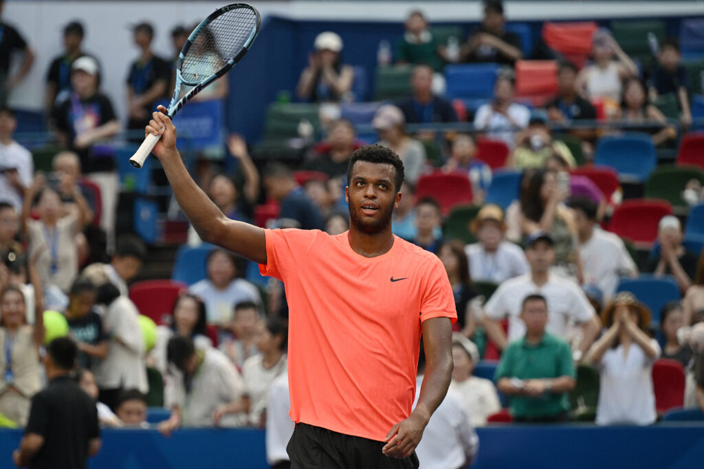 France's Giovanni Mpetshi Perricard reacts after winning against USA's Taylor Fritz in their men's singles match at the Shanghai Masters tennis tournament in Shanghai on October 5, 2025.