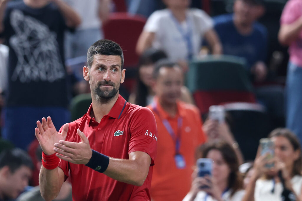 Novak Djokovic of Serbia celebrates after the match against Marin Cilic of Croatia in the Men's Singles 2nd round match on day 5 of the 2025 Shanghai Rolex Masters at Qi Zhong Tennis Center on October 03, 2025 in Shanghai, China.