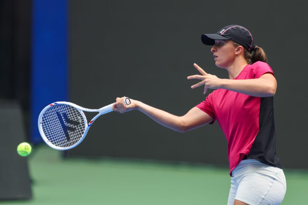 Iga Swiatek of Poland attends a training session ahead of 2025 Wuhan Open on October 3, 2025 in Wuhan, Hubei Province of China.